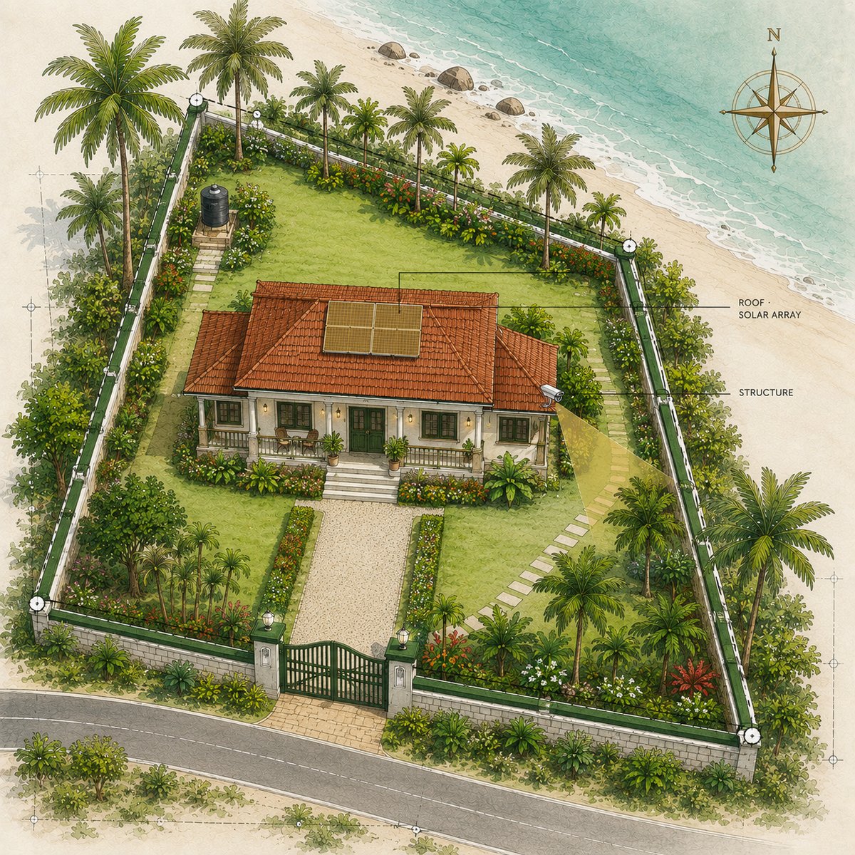 Aerial editorial illustration of an improved coastal Karnataka property: a tile-roofed house with a rooftop solar array, a compound wall with a green gate, a paved entrance path, water tank, a CCTV camera on the side wall with a coverage cone, coconut palms lining the boundary, and landscaping across the plot.