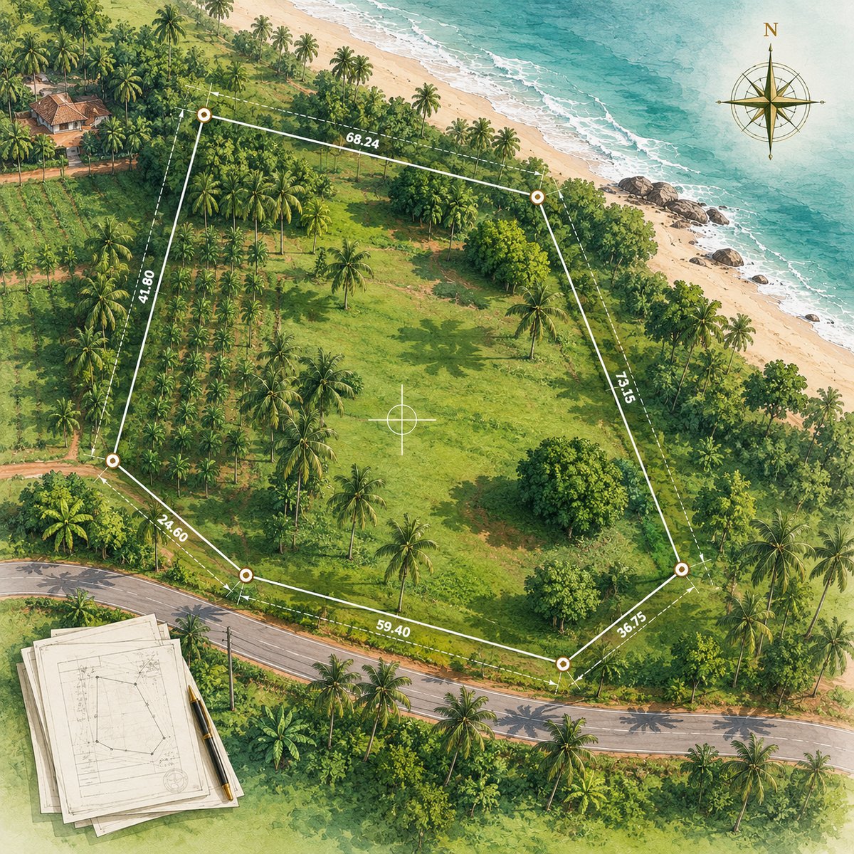 Aerial editorial illustration of a coastal Karnataka land parcel with survey measurements marked along each boundary, a compass rose in the top-right, the Arabian Sea beyond a palm-fringed beach, an access road along the bottom, and land-survey documents in the lower-left corner.