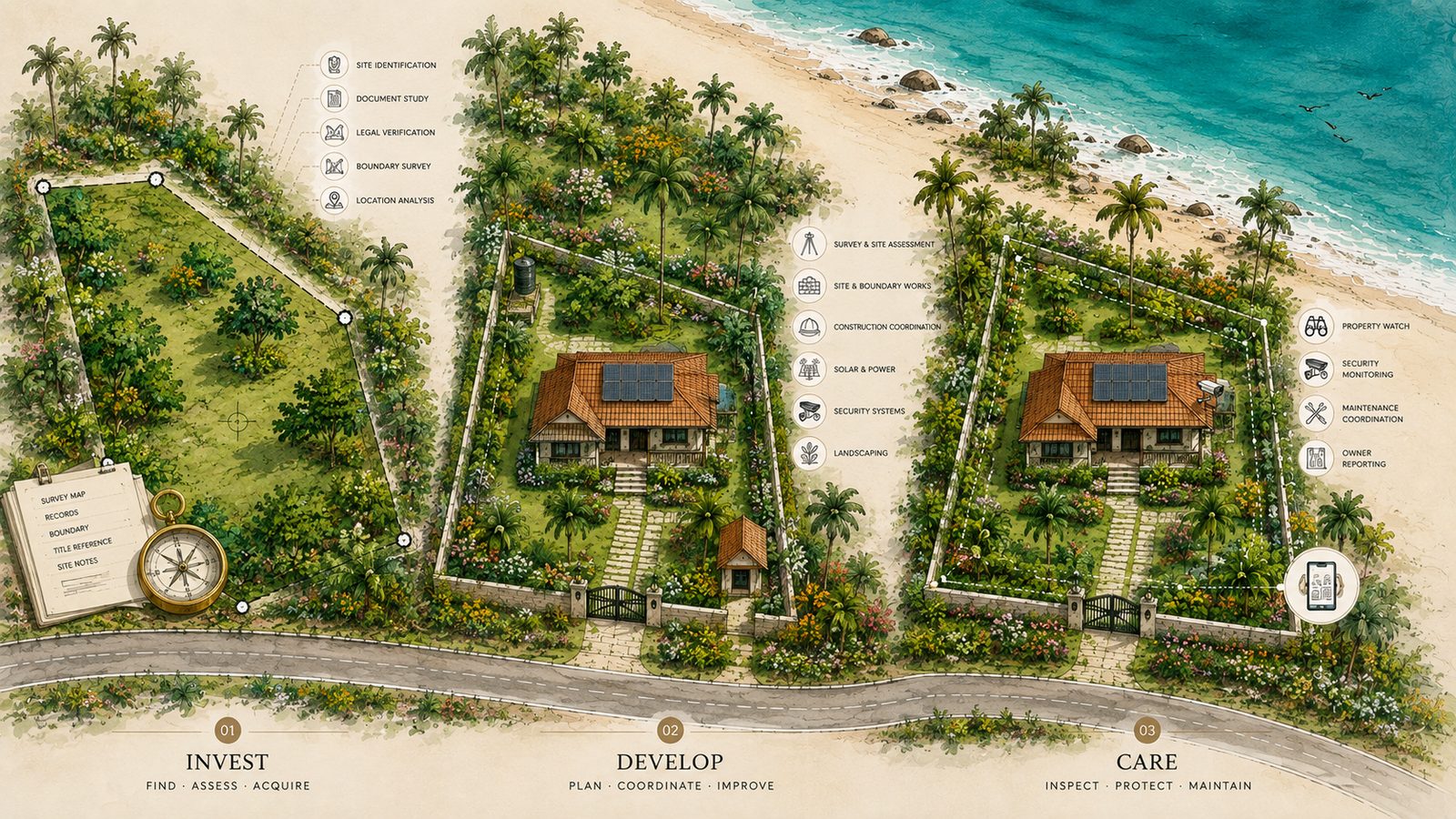 Editorial architectural illustration of one coastal Karnataka property across three ownership stages: on the left, a raw land parcel with survey markers and site-identification, document-study, legal-verification, boundary-survey and location-analysis references; in the centre, an improved property with tile roof, rooftop solar, gate, landscaping and Survey, Site & Boundary Works, Construction Coordination, Solar & Power, Security Systems and Landscaping references; on the right, the same property under care with security cameras, inspection route, and Property Watch, Security Monitoring, Maintenance Coordination and Owner Reporting references. Coastline runs along the top-right, access road along the bottom.