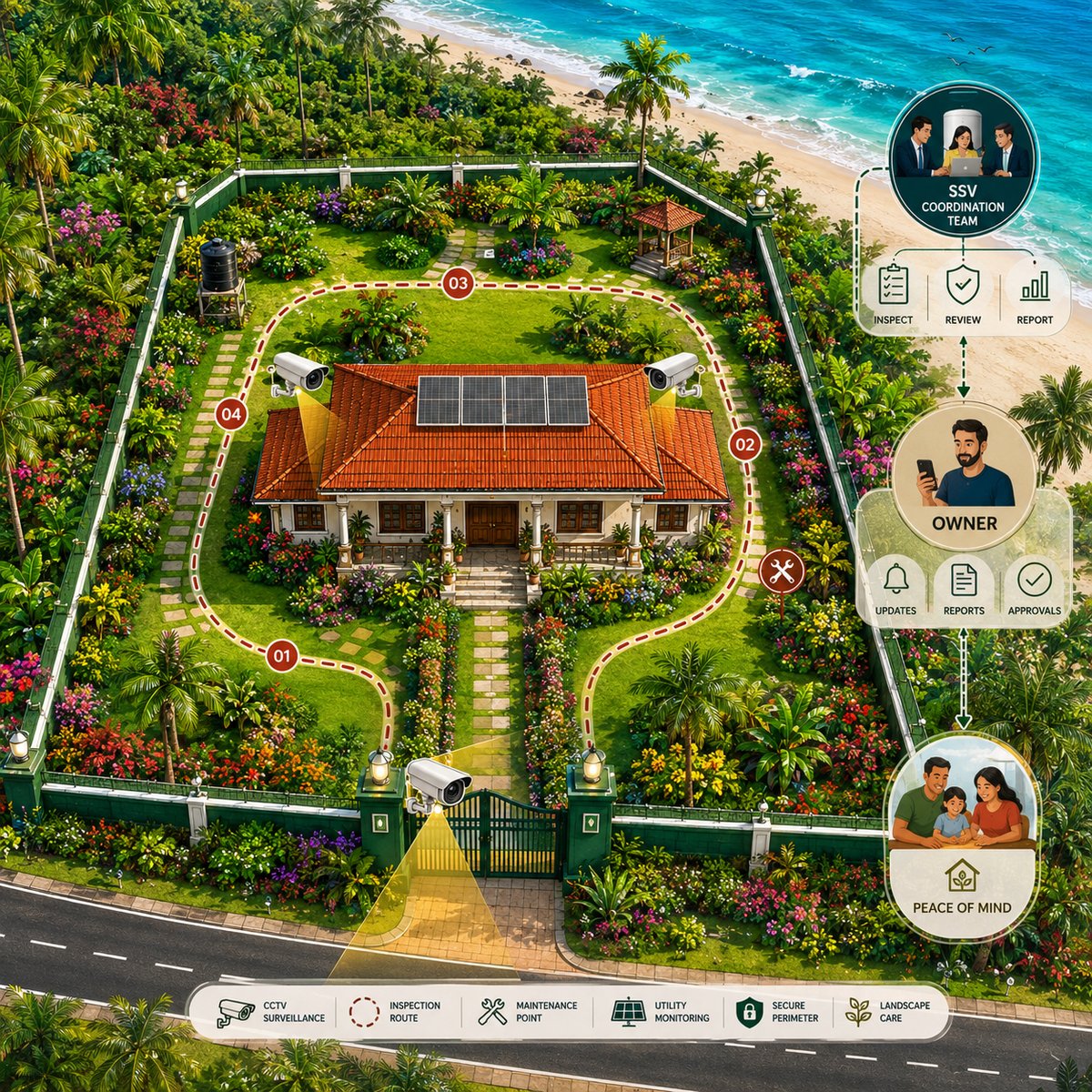 Aerial editorial illustration of a completed coastal Karnataka property under ongoing oversight: tile-roofed house with rooftop solar array inside a green compound wall, three CCTV camera positions with coverage cones, a dashed inspection route with four numbered inspection markers, a maintenance point marker, coconut palms and landscaping across the plot, and callouts referencing SSV coordination, inspect / review / report, and owner updates.