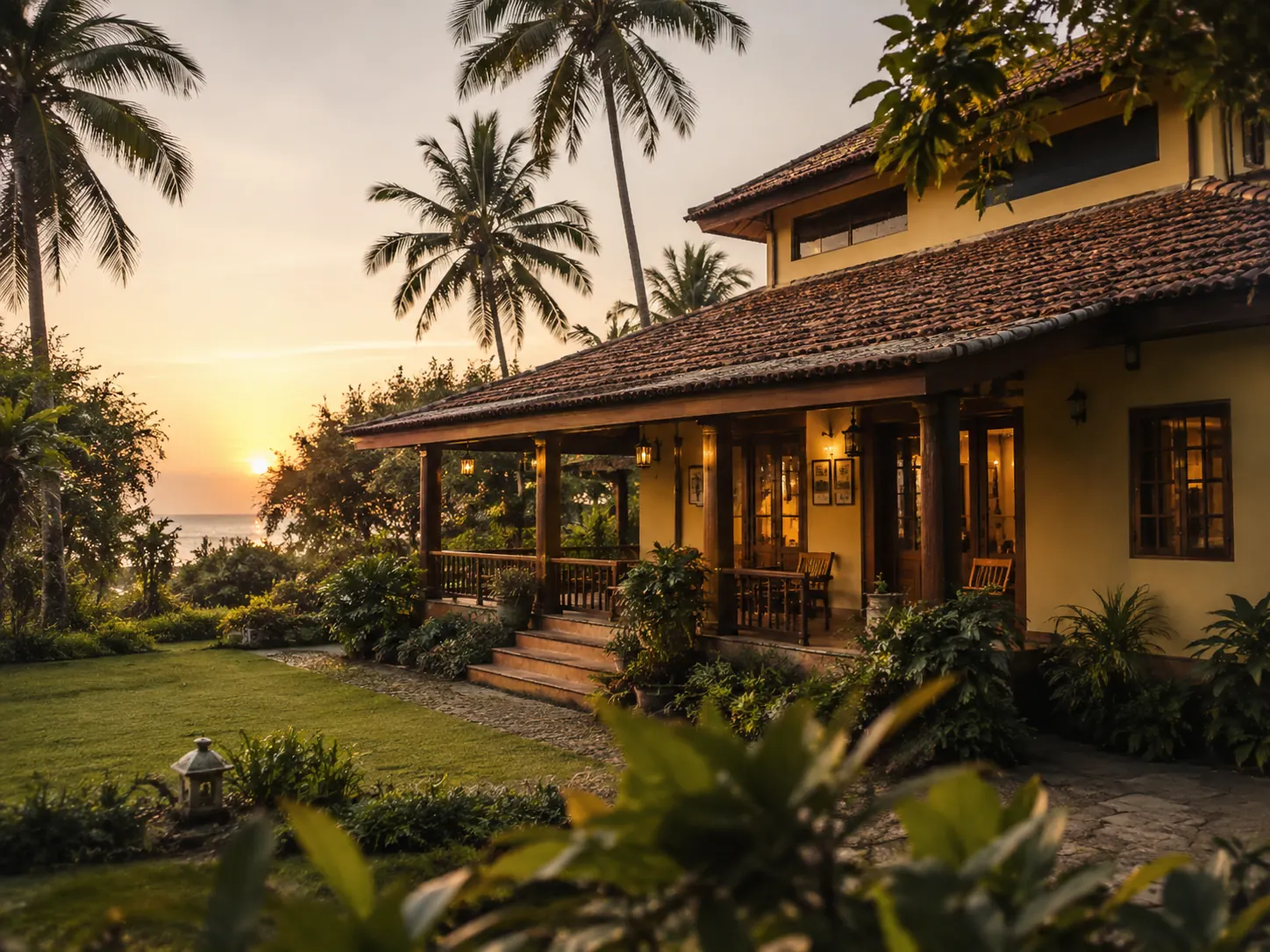 Coastal Karnataka villa at golden hour with palm-framed garden, warm porch lights and sea horizon