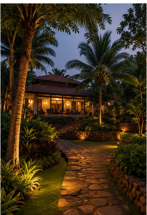 Landscaped coastal Karnataka villa with tropical garden and stone pathway